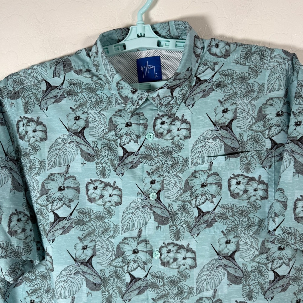 Guy Harvey Fishing Shirt Mens XL Blue Marlin Hibiscus Floral Button Up Outdoor